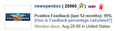 New Open Box eBay Feedback 99 percent positive